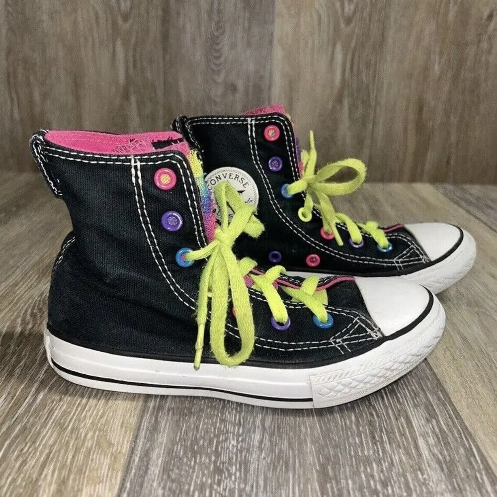 Converse All Star Black Multi Color Neon Rainbow Tongue Kids Youth US Size 12